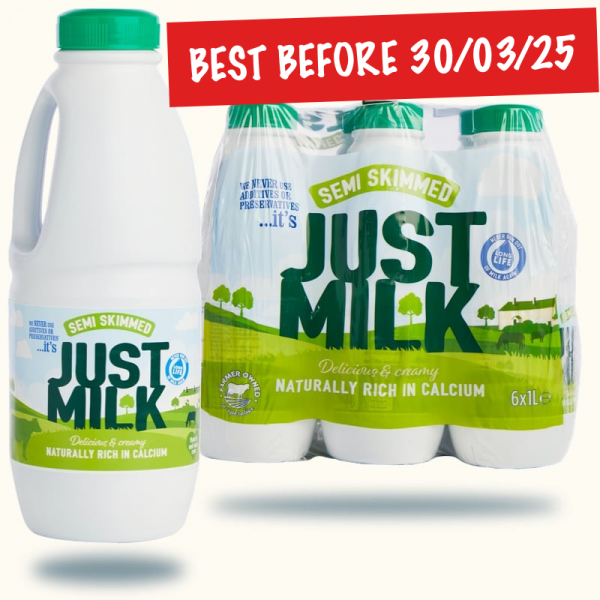 JUST MILK SEMI SKIMMED BEST BEFORE 300325